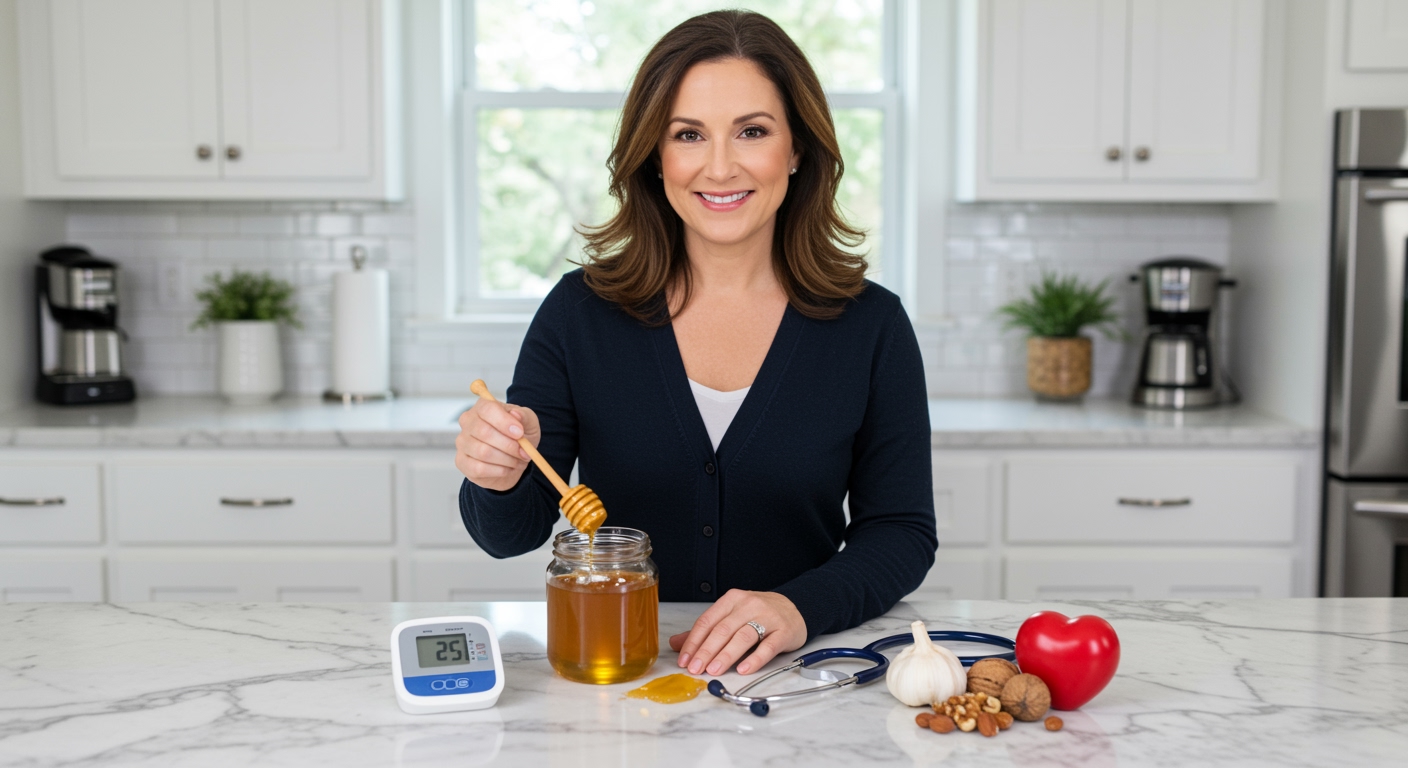 Middle-aged woman holding honey dipper with blood pressure monitor and heart health items on marble countertop in kitchen