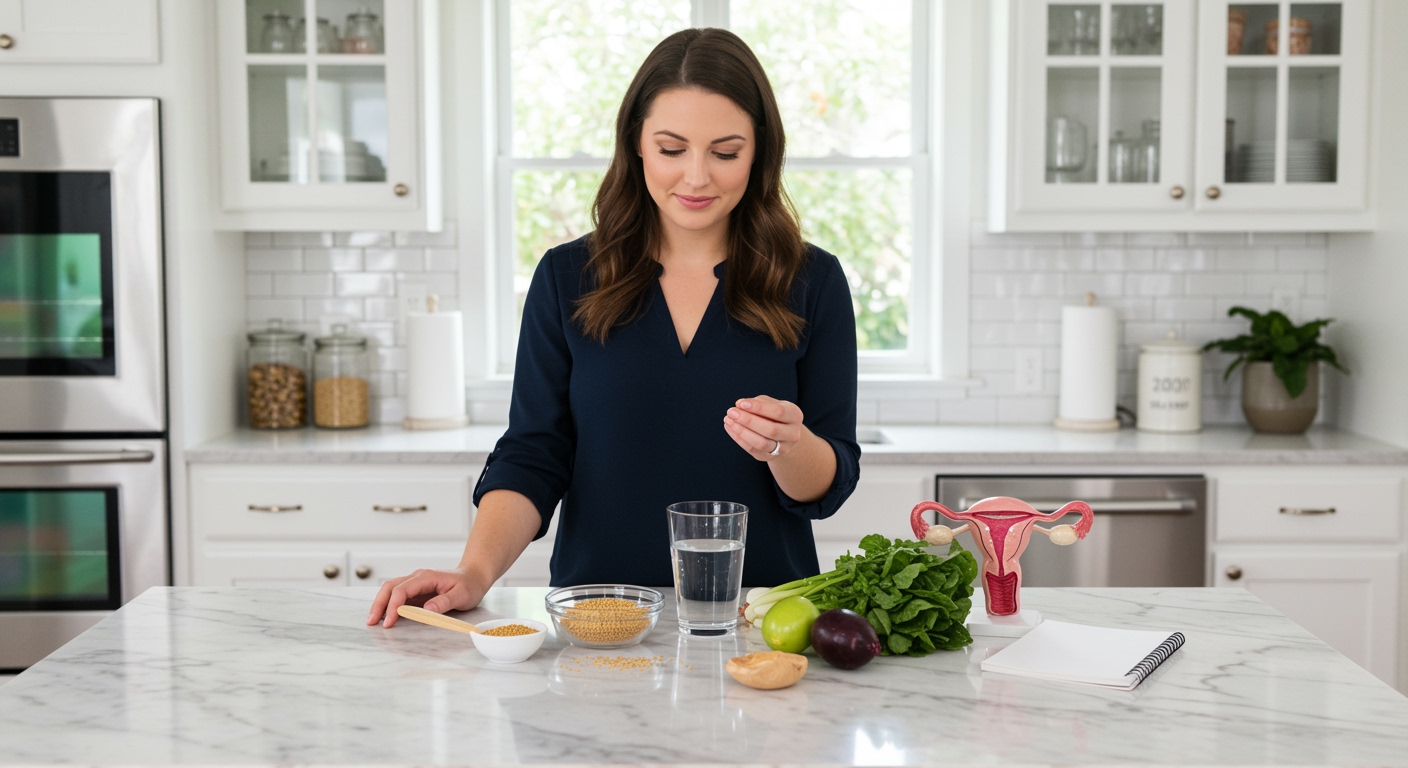 Woman standing behind marble counter examining mustard seeds with ovary model and healthy foods in bright modern kitchen