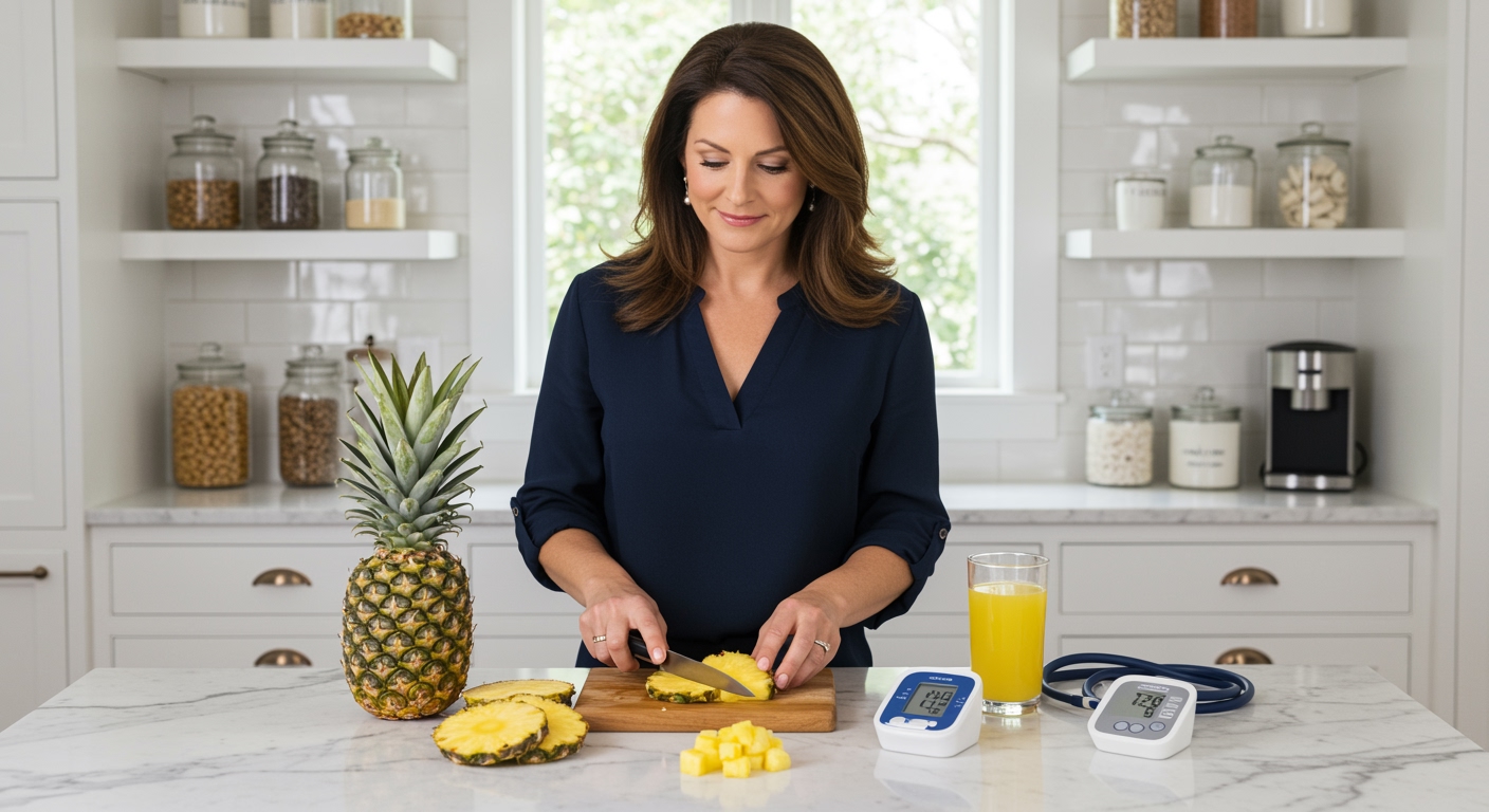 Woman standing behind marble counter with fresh pineapple, blood pressure monitor, and juice in bright modern kitchen