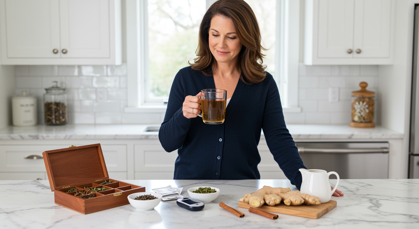 Middle-aged woman holding tea mug behind marble counter with glucose meter, tea varieties, and spices in modern kitchen