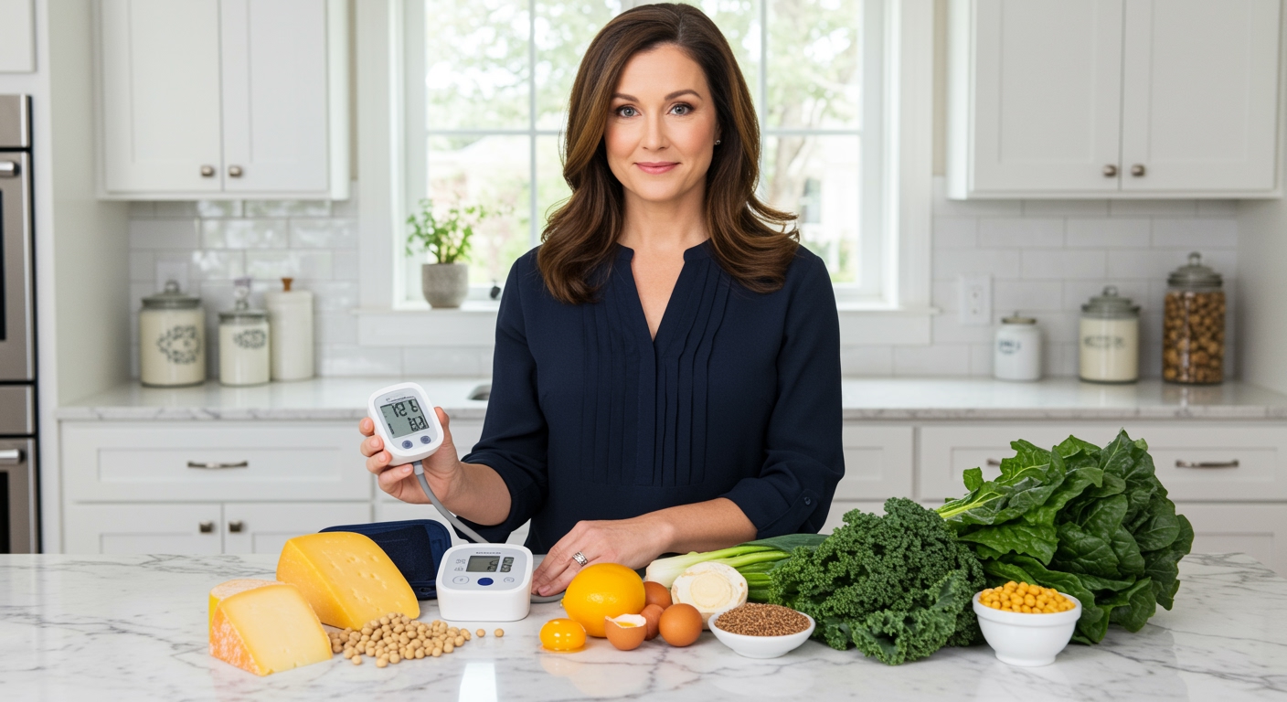 Woman holding blood pressure monitor standing behind marble counter with vitamin K2 foods including cheese and leafy greens