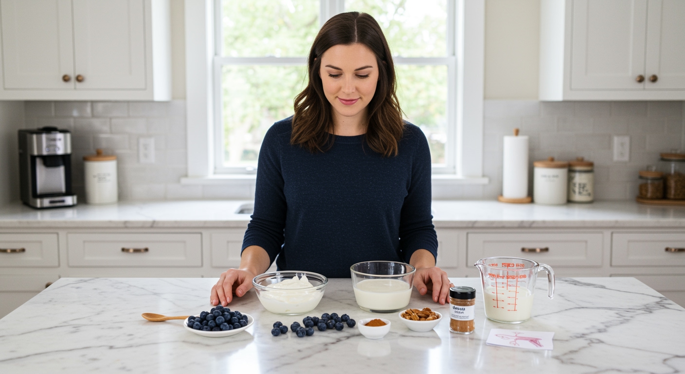 Woman standing behind marble counter with Greek yogurt, berries, nuts and PCOS-related items in bright modern kitchen