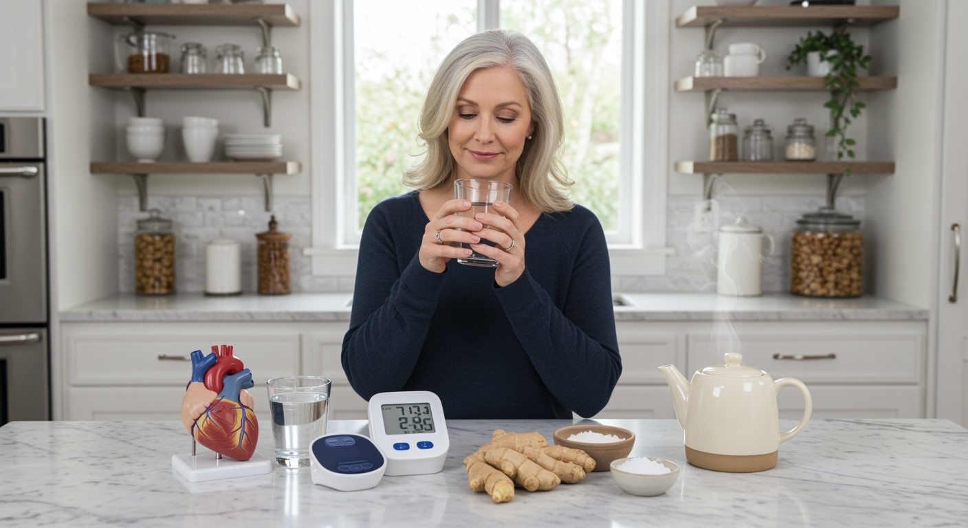 Woman holding glass of hot water behind marble counter with blood pressure monitor, heart model, and other health items visible