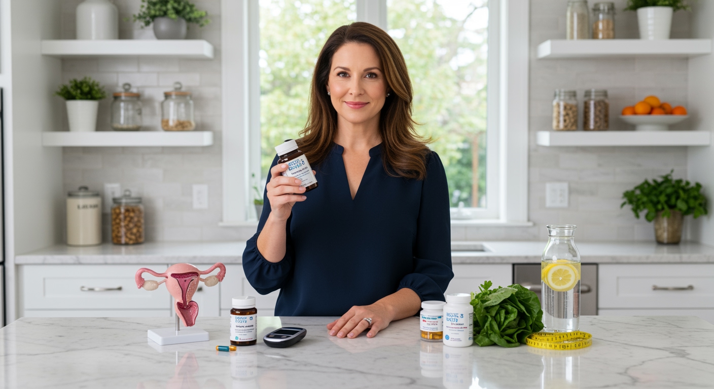Middle-aged woman holding supplement bottle with PCOS management items on marble counter in bright modern kitchen