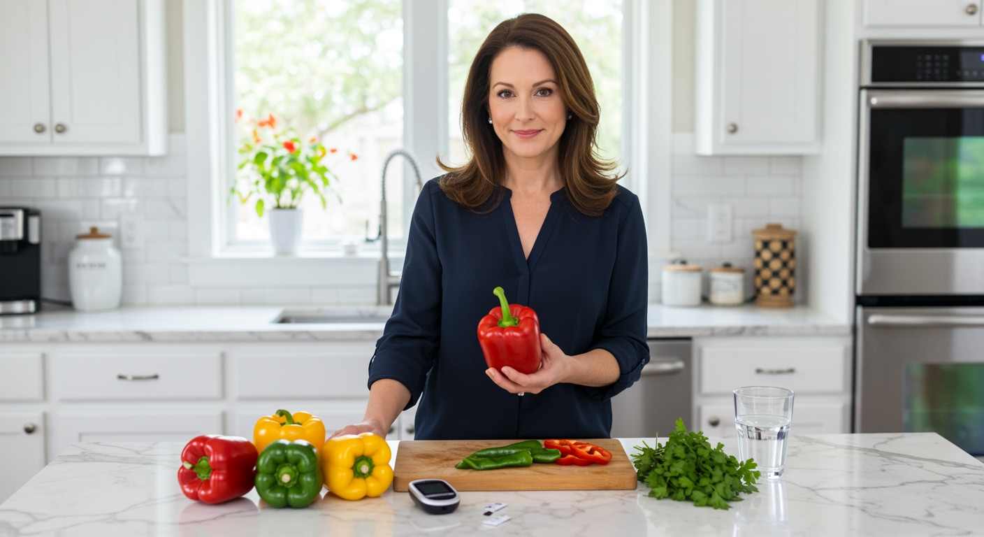 Woman holding red bell pepper standing behind marble counter with colorful peppers and glucose meter in modern kitchen