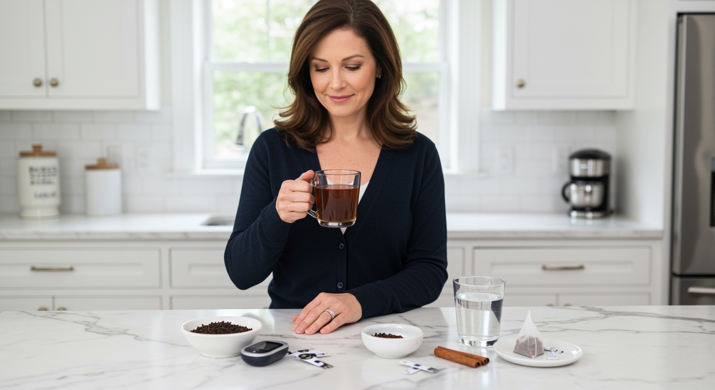 Middle-aged woman holding black tea mug standing behind marble counter with blood glucose meter and tea leaves visible
