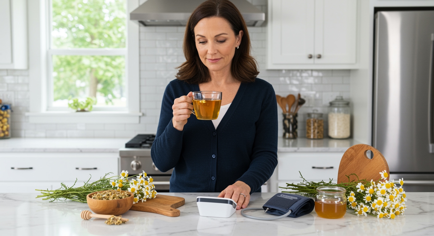Middle-aged woman holding chamomile tea cup standing behind marble counter with blood pressure monitor and dried flowers