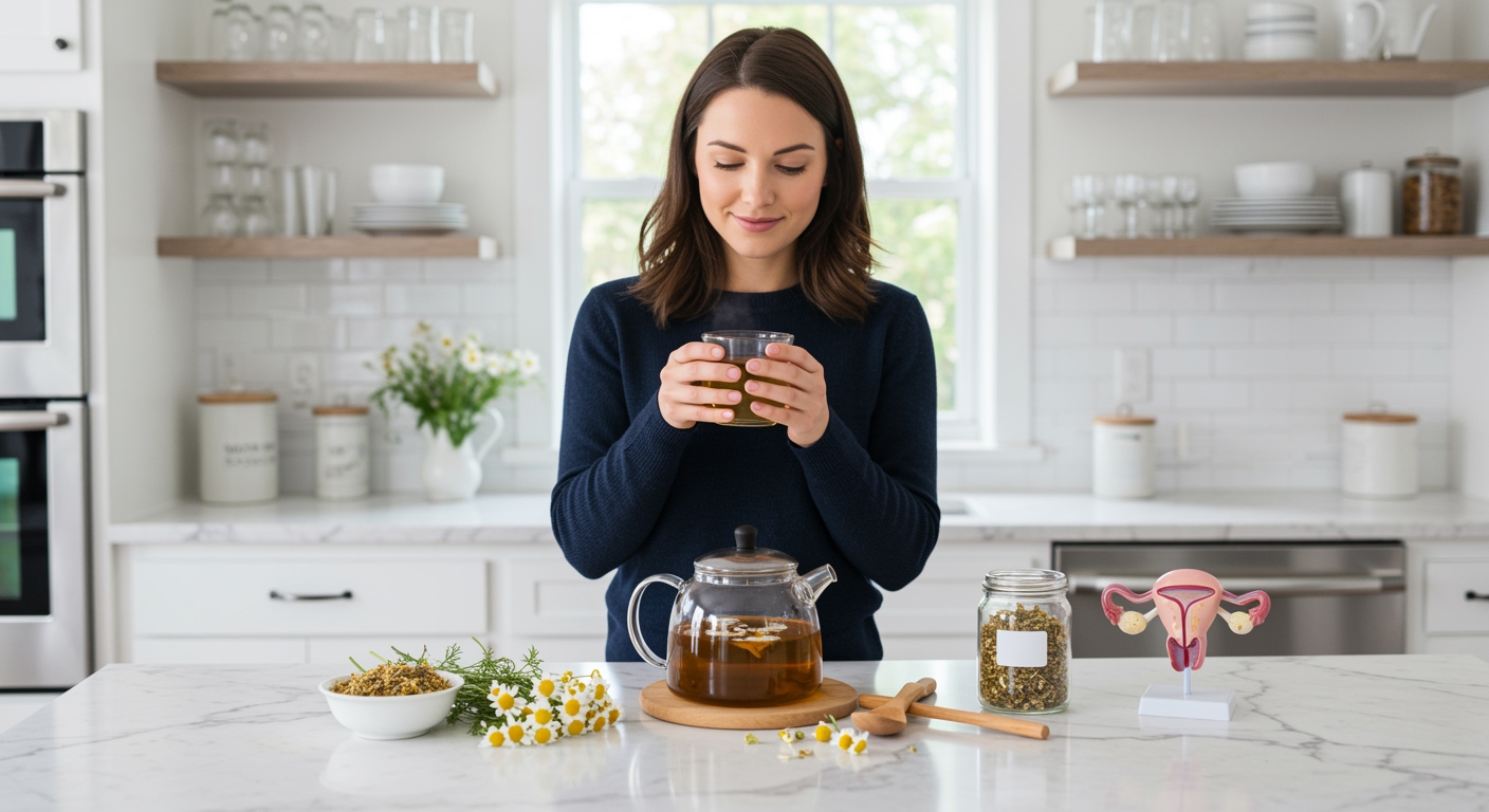 Woman holding chamomile tea mug with dried flowers, teapot, and ovary model arranged on white marble kitchen counter
