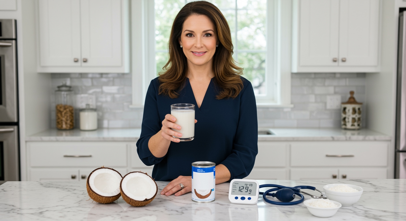 Woman holding glass of coconut milk standing behind marble counter with blood pressure monitor and coconut products in modern kitchen