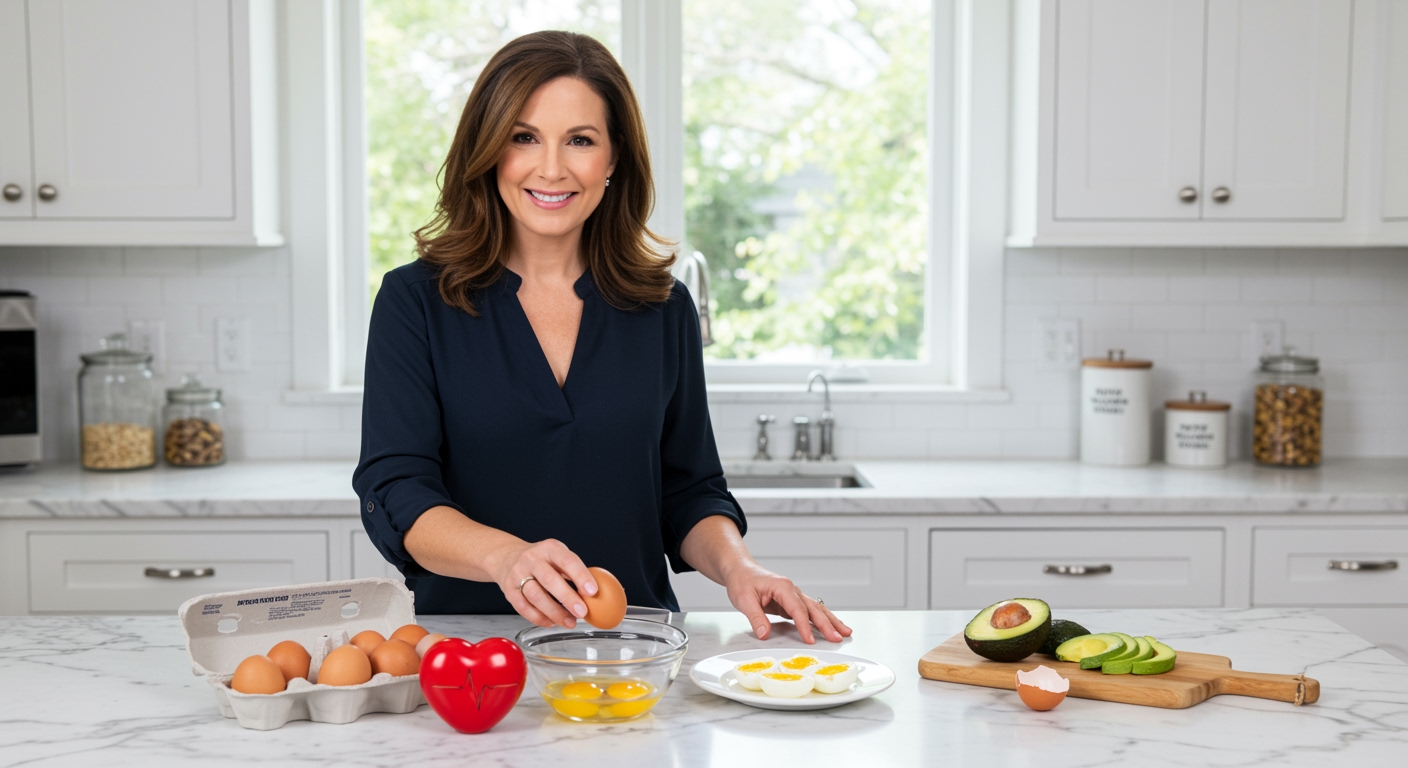 Woman holding brown egg behind marble counter with egg dishes and heart symbol in bright modern kitchen setting