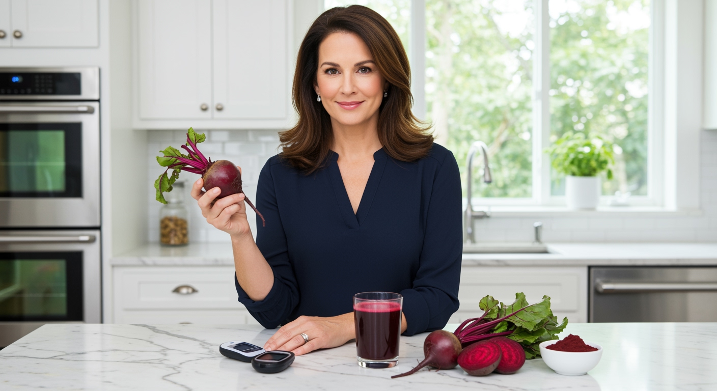 Middle-aged woman holding beetroot behind marble counter with blood glucose meter and beetroot products in modern kitchen