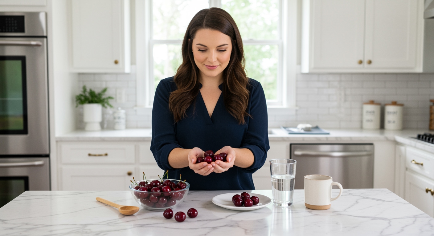 Young woman holding fresh red cherries in cupped hands above white marble countertop with PCOS-friendly foods in modern kitchen