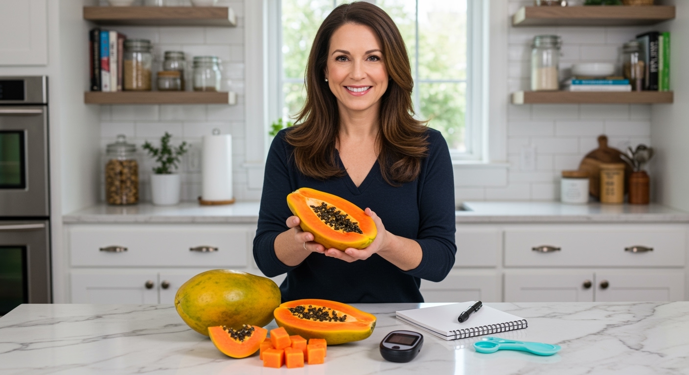 Woman holding halved papaya behind marble counter with blood glucose meter, whole papaya, sliced fruit, and measuring tools in bright kitchen