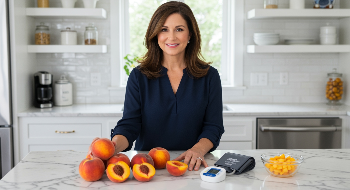 Middle-aged woman holding fresh peach behind marble counter with halved peaches and blood pressure monitor visible