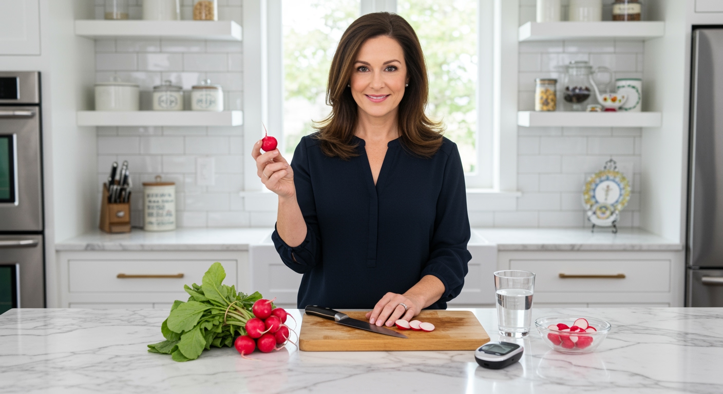 Middle-aged woman holding red radish behind marble counter with fresh radishes, cutting board, and glucose meter in modern kitchen