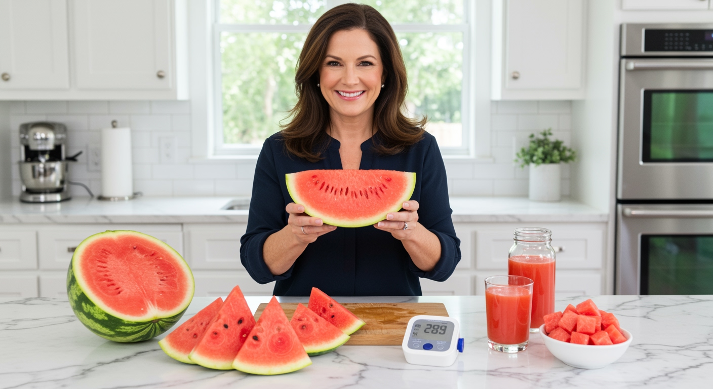 Woman holding watermelon slice behind marble counter with blood pressure monitor and fresh fruit pieces visible