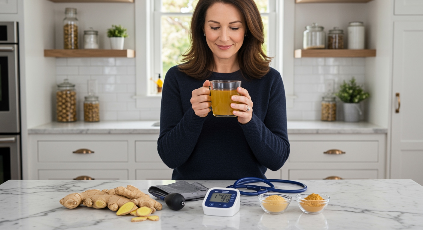 Woman holding steaming ginger tea mug with fresh ginger root and blood pressure monitor on marble countertop in bright kitchen