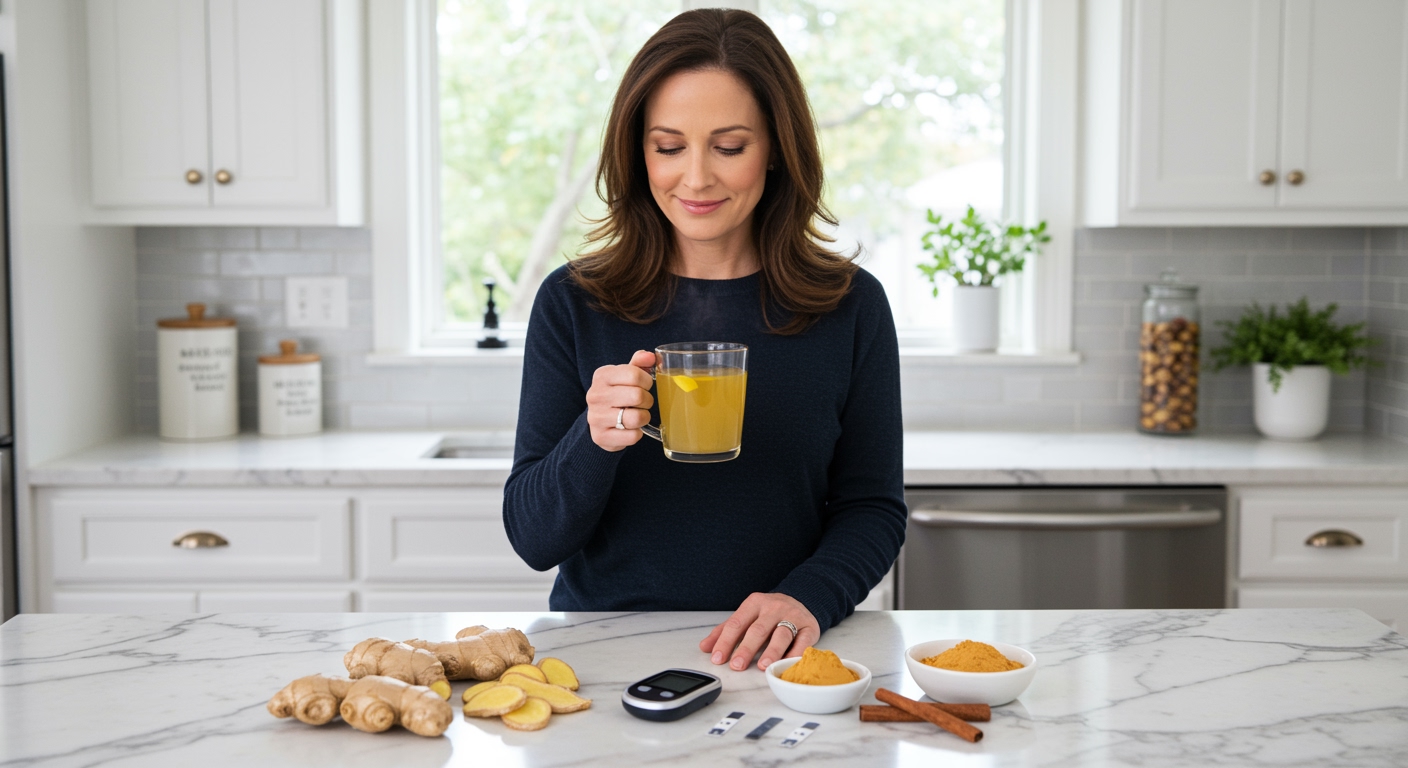 Middle-aged woman holding ginger tea mug standing behind marble counter with fresh ginger roots and glucose meter in kitchen