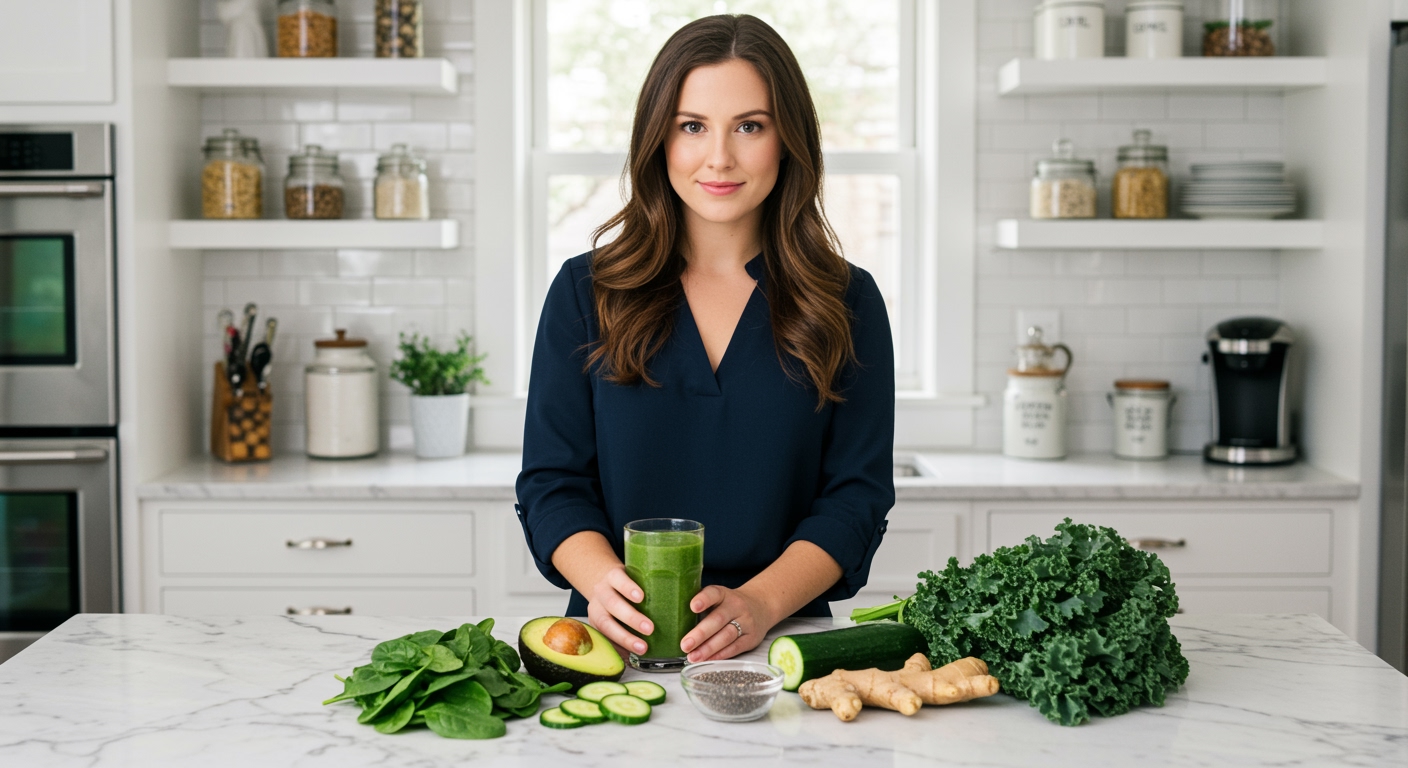 Woman holding green smoothie glass with fresh spinach, kale, avocado, cucumber, chia seeds and ginger on marble counter