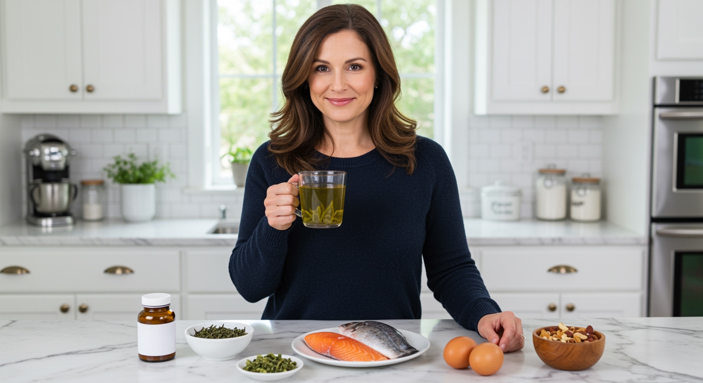 Woman holding green tea mug standing behind marble counter with vitamin B3 supplements, fish, nuts, and eggs in modern kitchen
