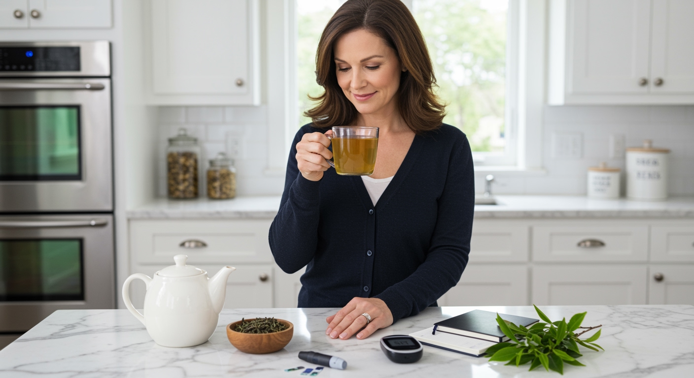 Middle-aged woman holding green tea mug behind marble counter with blood glucose meter and tea leaves in modern kitchen