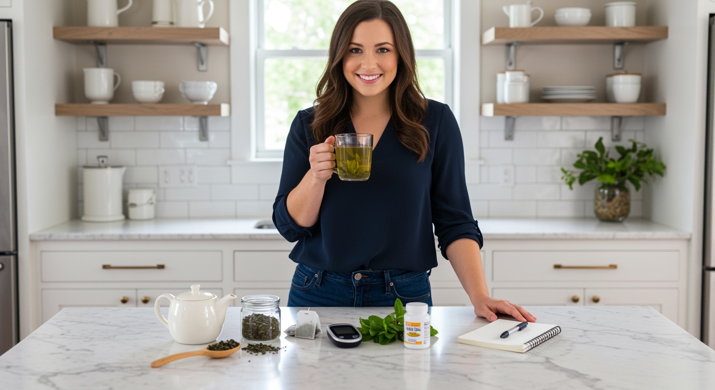 Young woman holding green tea mug standing behind marble counter with teapot, supplements, and health tracking items in bright kitchen