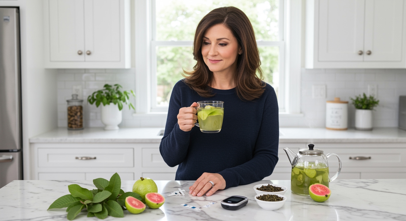 Woman holding glass mug of guava leaf tea with glucose meter and fresh guava leaves on white marble countertop in kitchen