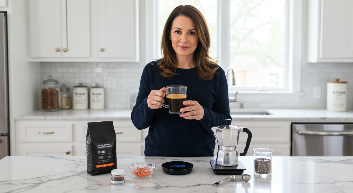 Woman holding coffee mug behind marble counter with iron supplements, coffee beans, and brewing equipment in modern kitchen