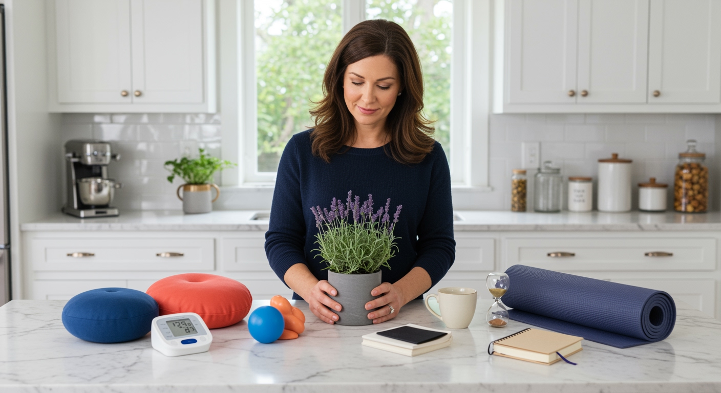 Woman holding lavender plant behind marble counter with blood pressure monitor and stress relief items in modern kitchen