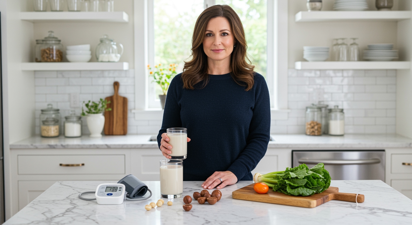 Woman holding glass of macadamia milk behind marble counter with blood pressure monitor and heart-healthy foods visible