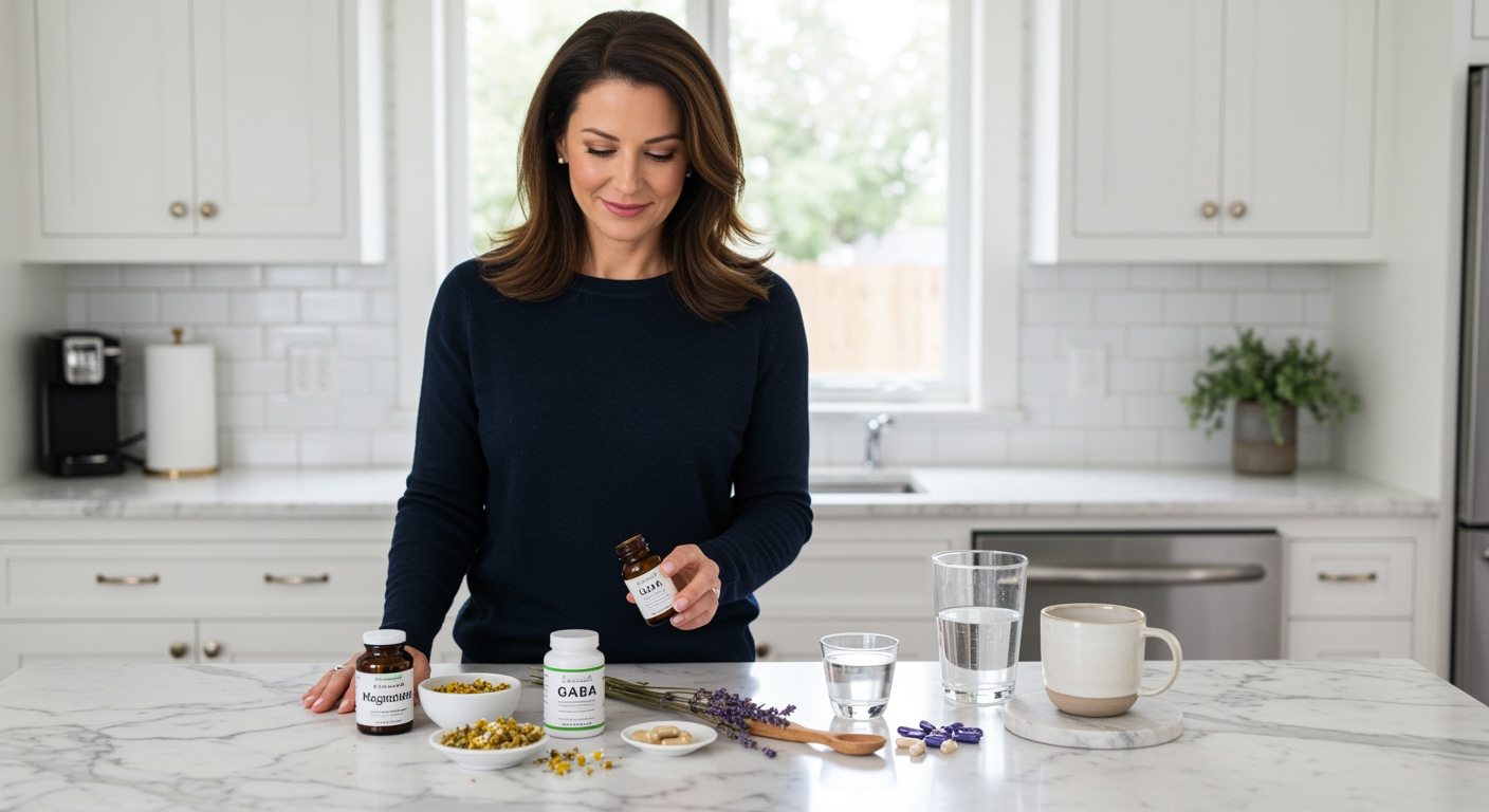 Woman holding sleep supplement bottle behind marble counter with magnesium, GABA, and natural sleep aids in modern kitchen