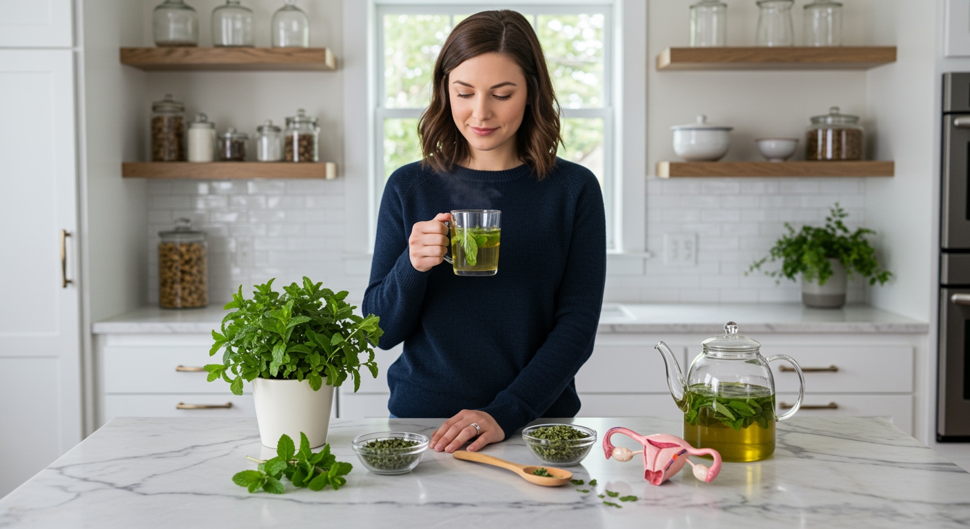 Woman holding glass mug of mint tea behind marble counter with fresh mint leaves, teapot, and ovary model in modern kitchen