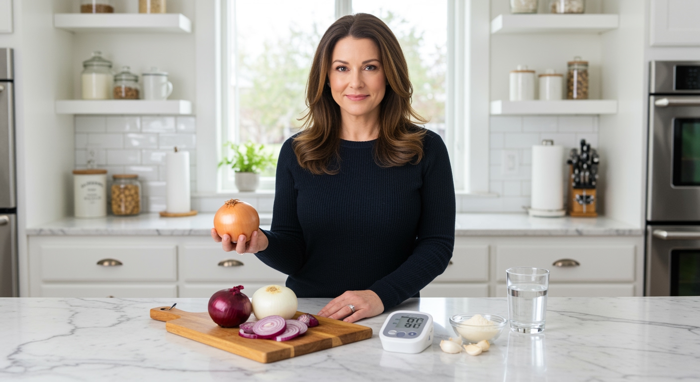 Woman holding yellow onion behind marble counter with blood pressure monitor and various onion preparations visible