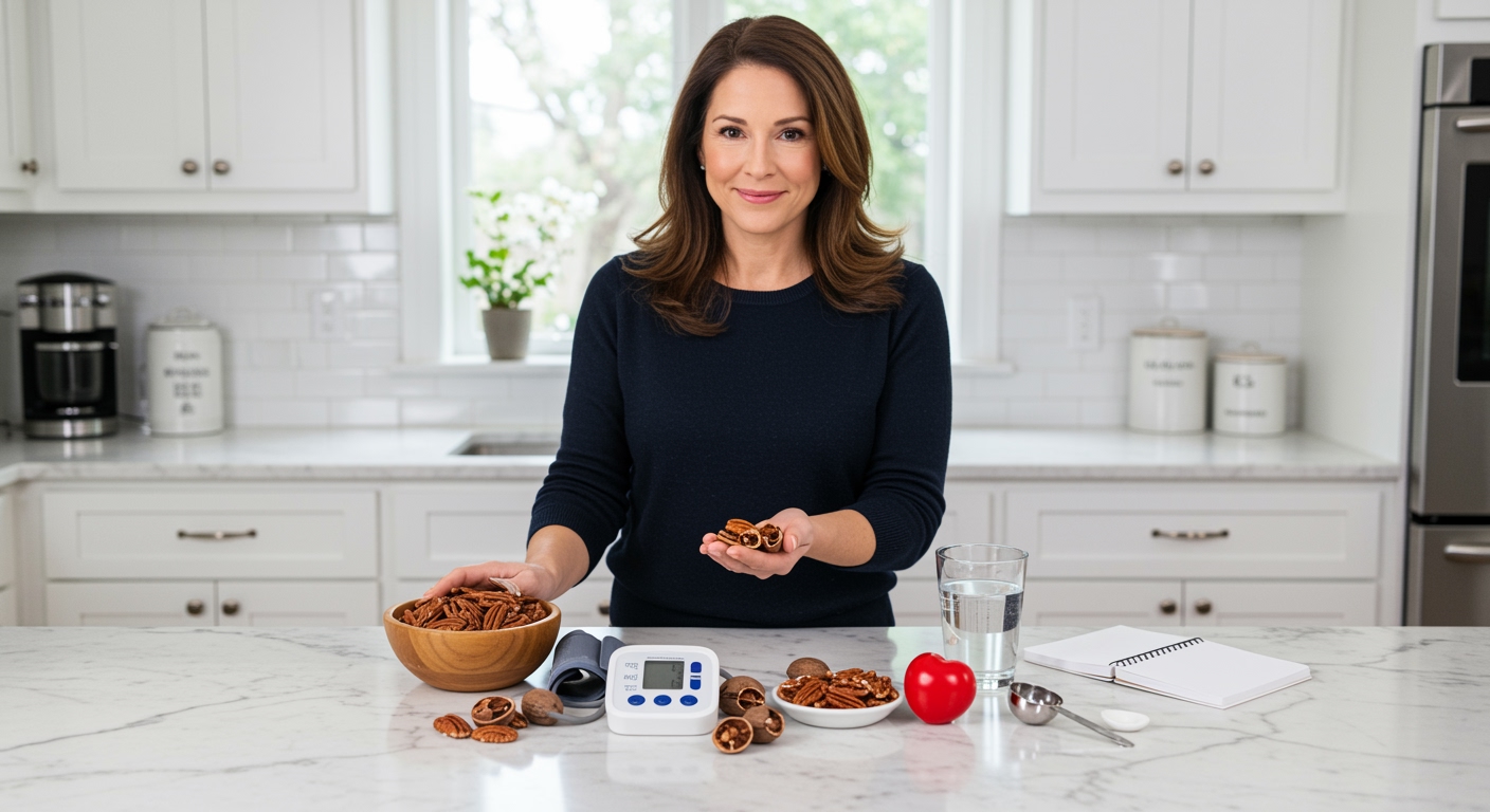 Middle-aged woman holding pecan nuts behind marble counter with blood pressure monitor and heart symbol in modern kitchen