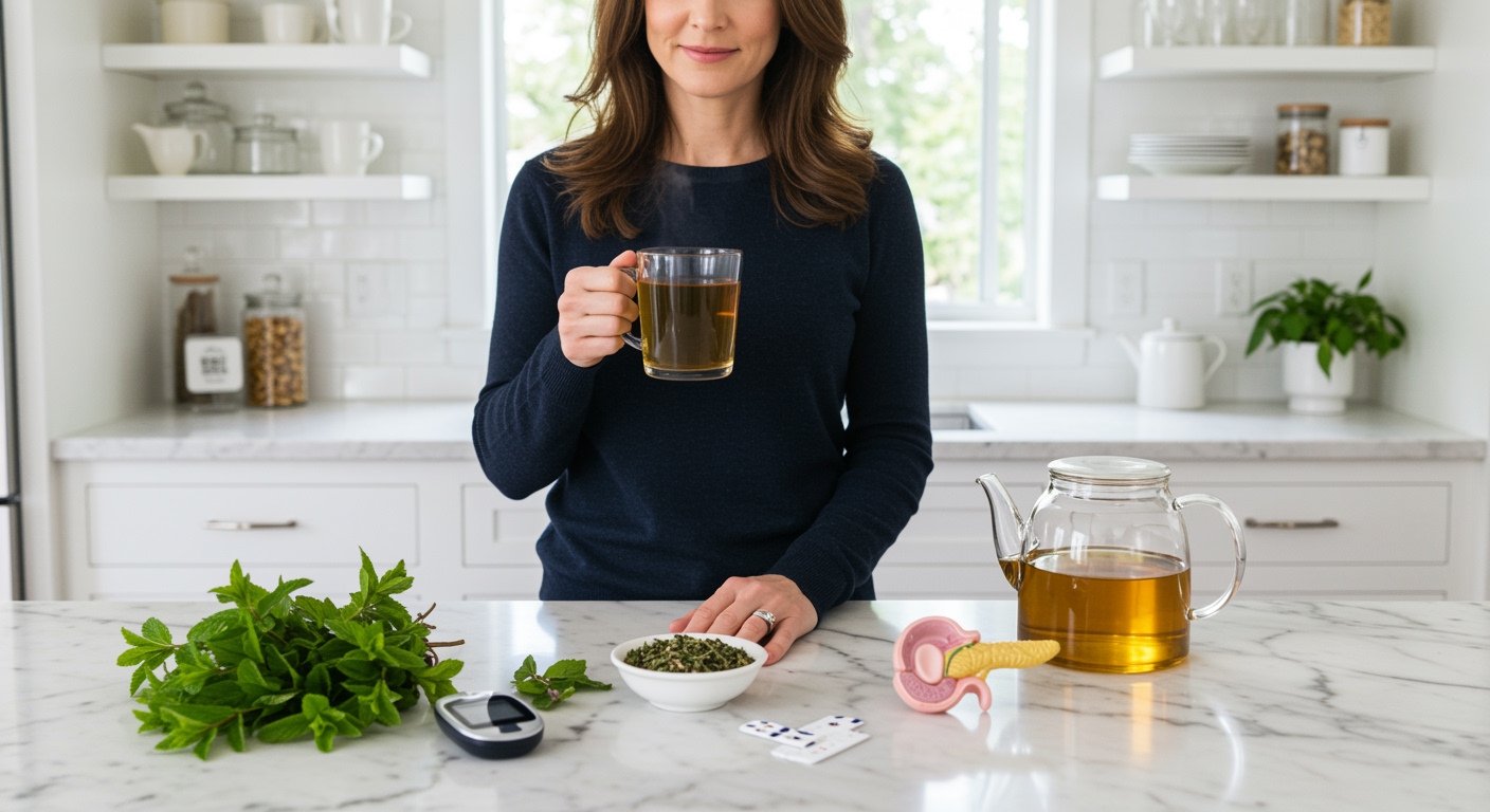Middle-aged woman holding glass mug of peppermint tea behind marble counter with glucose meter and fresh mint leaves visible