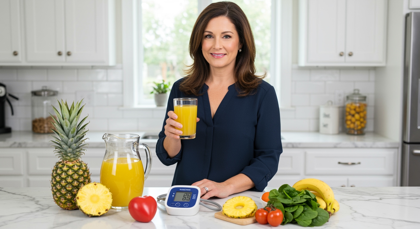 Middle-aged woman holding glass of pineapple juice standing behind marble counter with blood pressure monitor and fresh pineapple