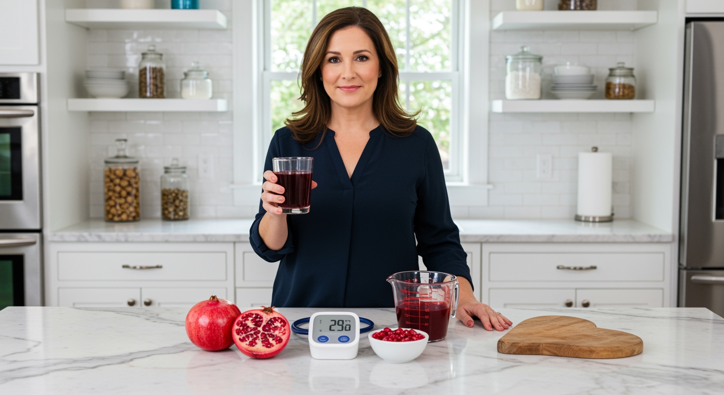 Woman holding glass of pomegranate juice standing behind marble counter with blood pressure monitor and pomegranate seeds