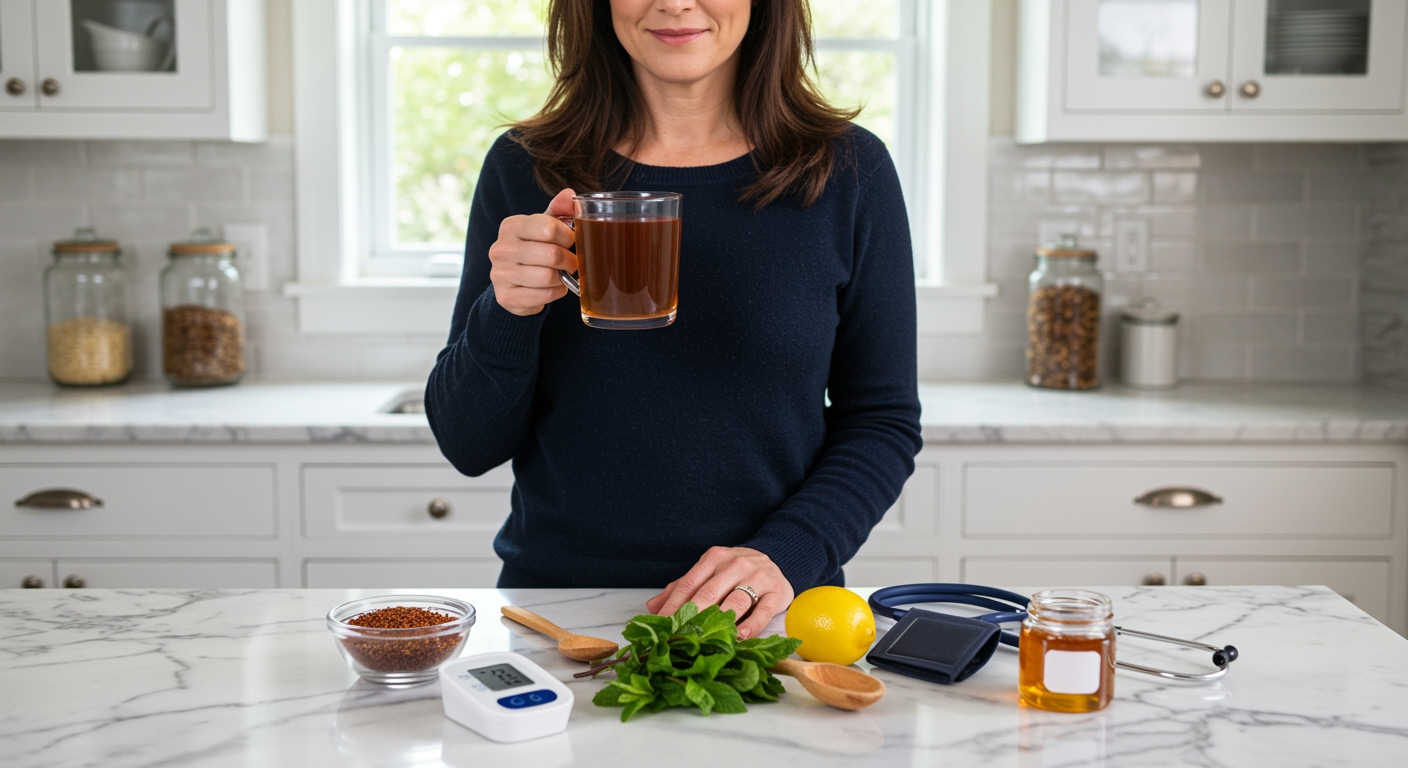 Woman holding rooibos tea mug with blood pressure monitor and tea ingredients arranged on white marble kitchen counter