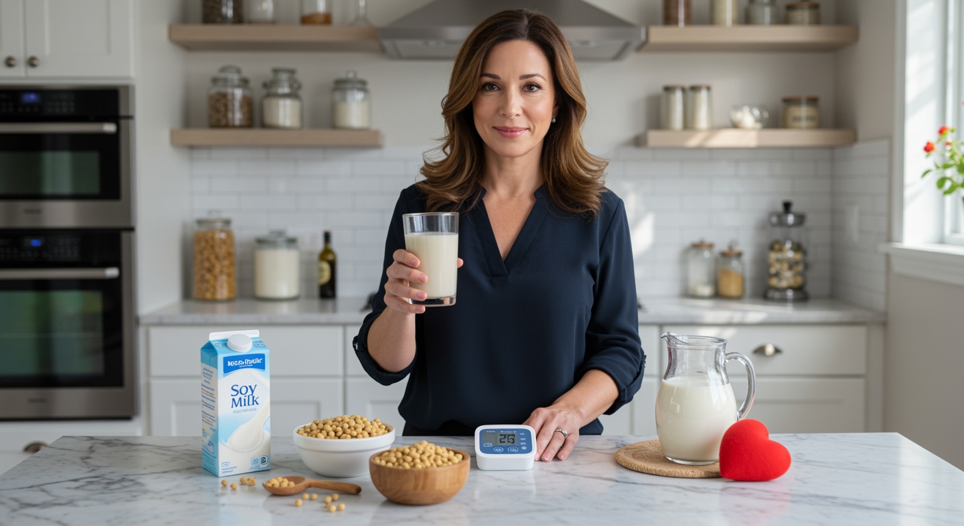 Woman holding glass of soy milk standing behind marble counter with blood pressure monitor and soybeans in bright kitchen