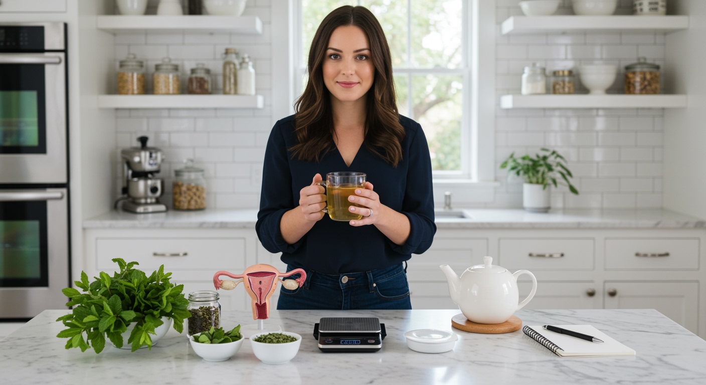 Woman holding glass mug of spearmint tea with fresh mint leaves and ovary model on white marble kitchen counter