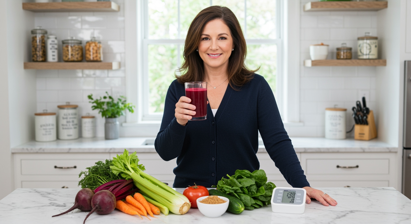 Middle-aged woman holding red vegetable juice glass standing behind marble counter with blood pressure monitor and fresh vegetables