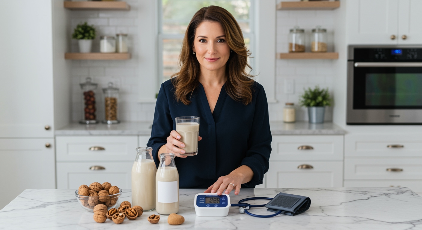 Woman holding glass of walnut milk standing behind marble counter with blood pressure monitor and heart health items