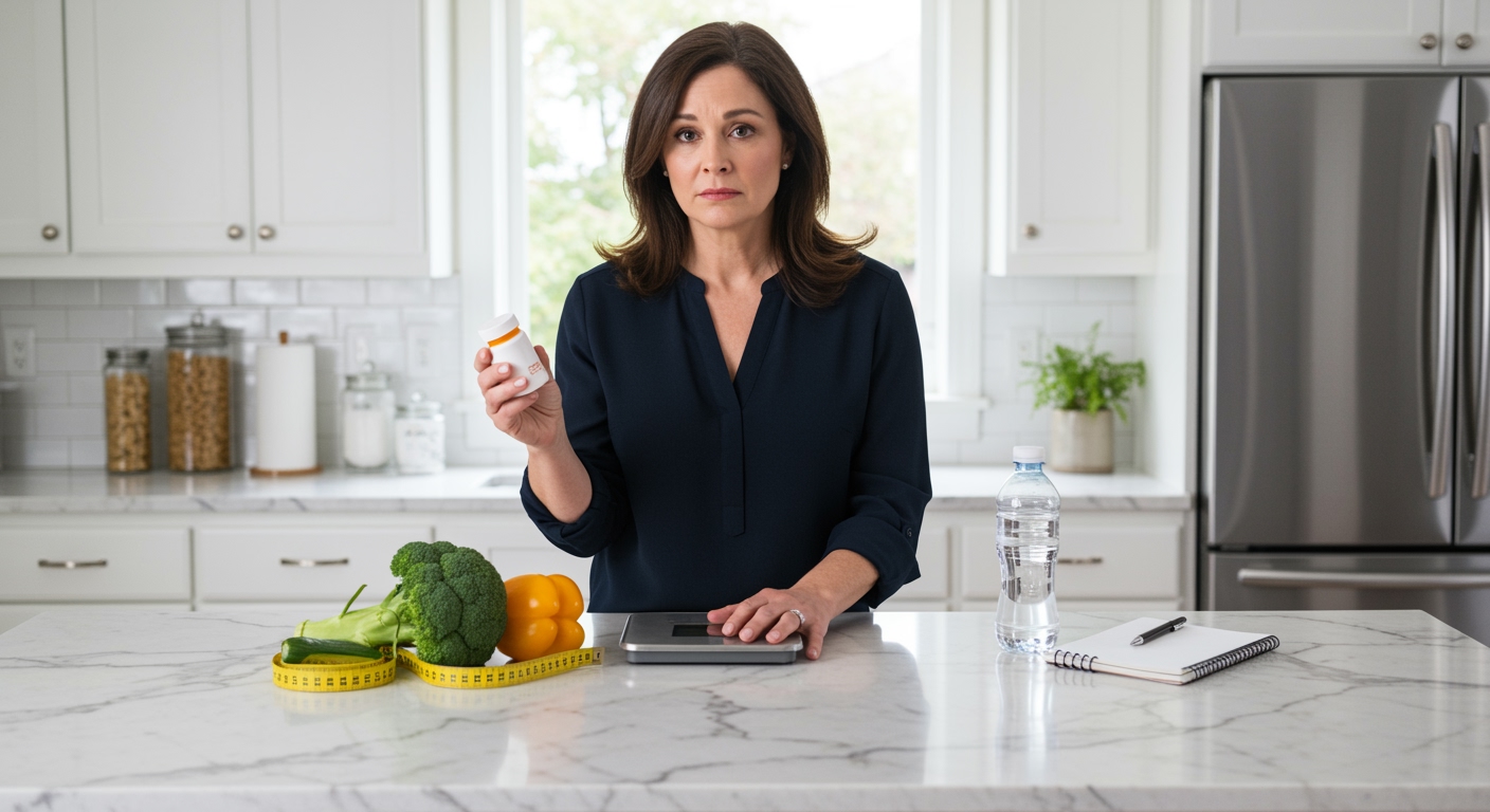 Woman holding prescription bottle standing behind marble counter with scale, vegetables, and health items in bright kitchen