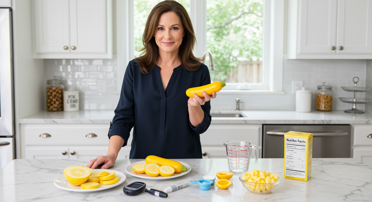 Woman holding yellow squash behind marble counter with blood glucose meter and squash slices in bright kitchen