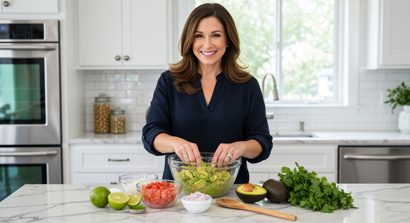 Woman mashing avocados in glass bowl with fresh lime, tomatoes, onions and cilantro on white marble countertop in modern kitchen
