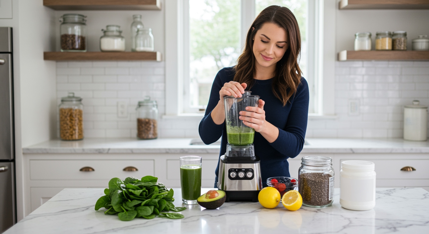 Young woman blending green smoothie behind marble counter with spinach, avocado, berries, protein powder, and chia seeds in modern kitchen