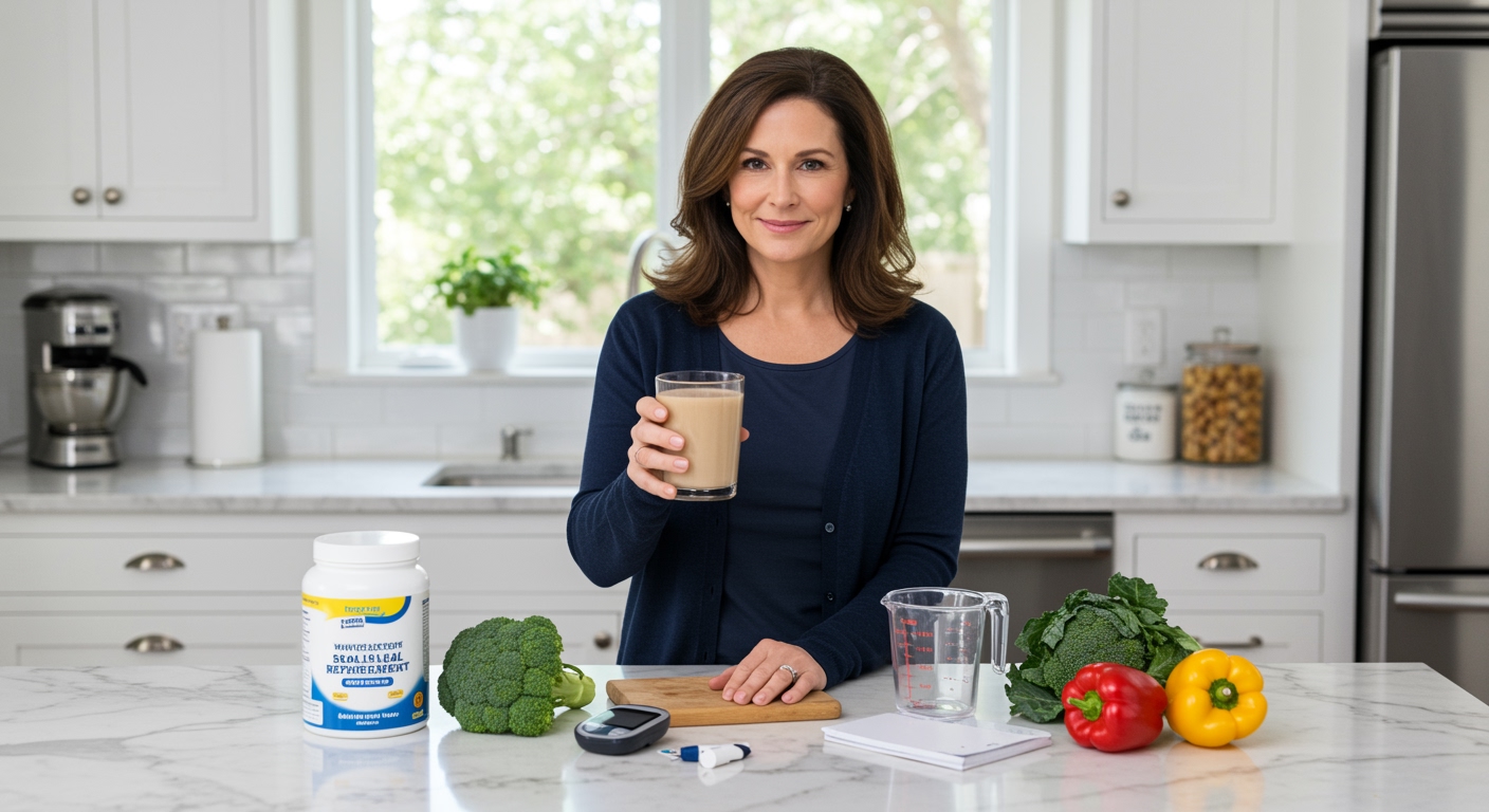 Middle-aged woman holding meal replacement shake with blood glucose meter and healthy foods on marble countertop