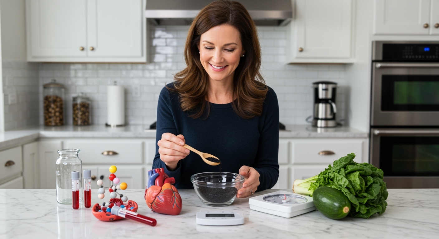 Middle-aged woman holding wooden spoon over glass bowl of black cumin seeds on white marble counter with heart model and vegetables