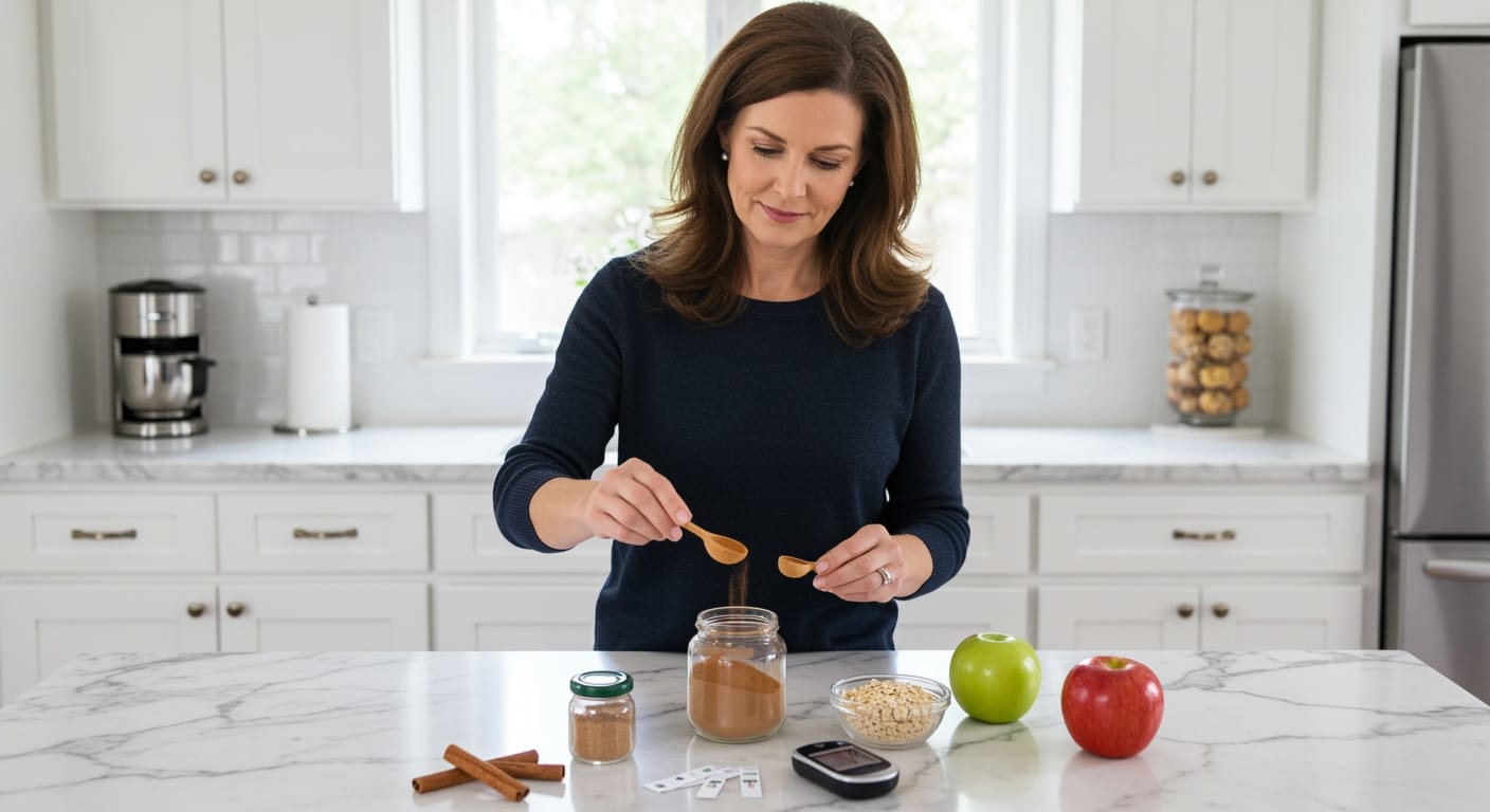 Woman measuring cinnamon powder with wooden spoon on marble counter with glucose meter and healthy foods in modern kitchen