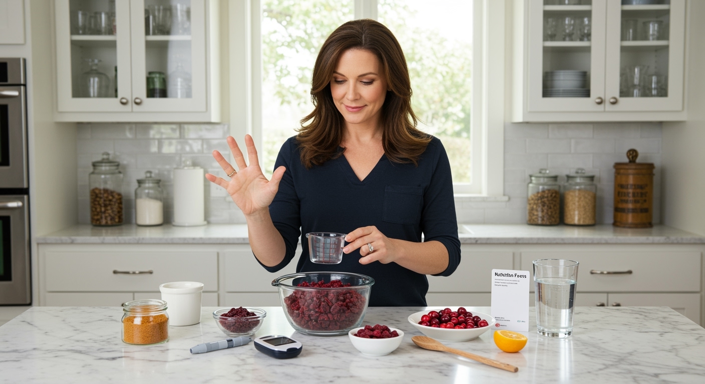 Middle-aged woman measuring dried cranberries with measuring cup over glass bowl on white marble countertop with glucose meter visible